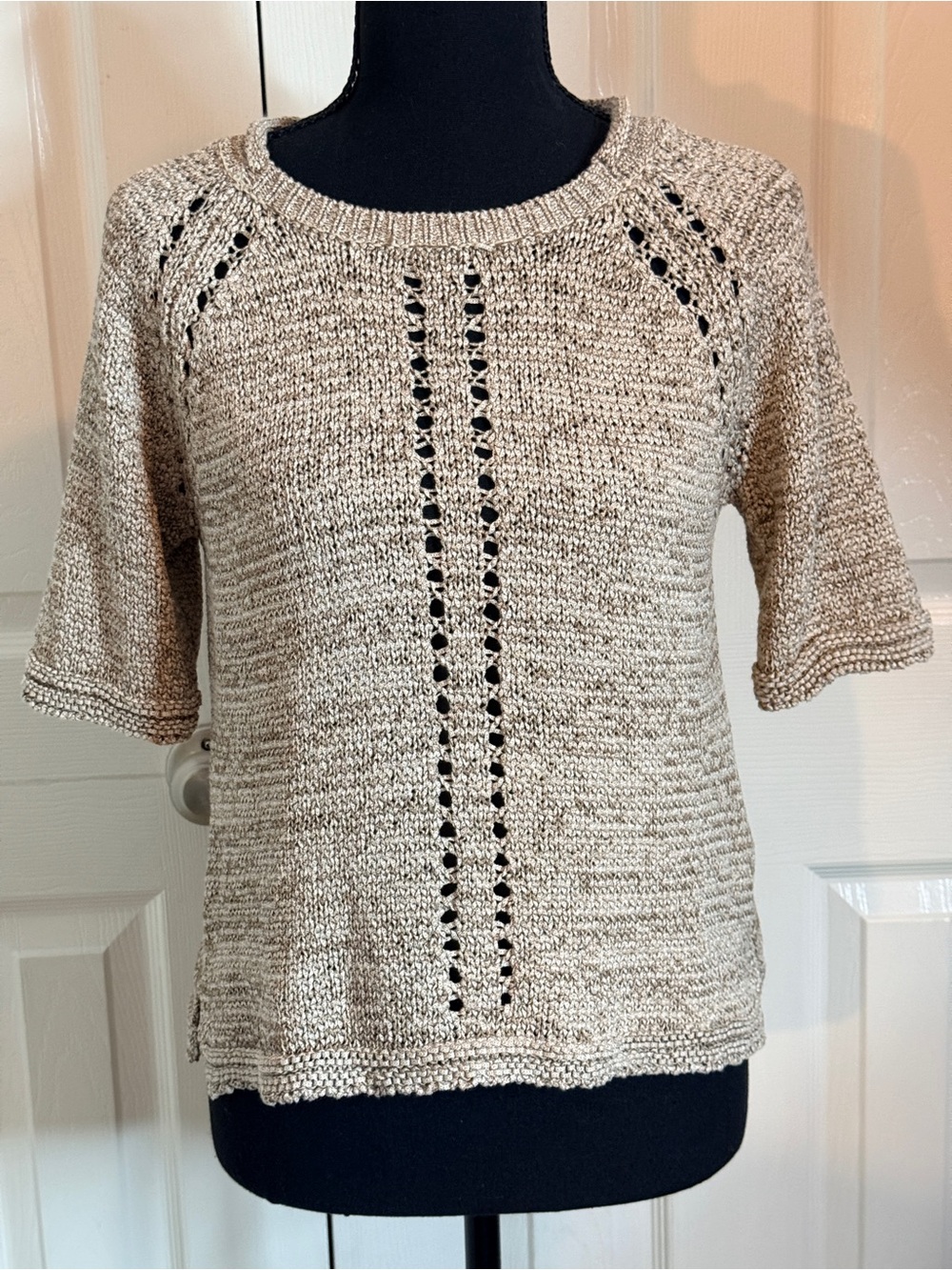 Ellen Tracy Neutral Marled Openwork Short-Sleeve Crew Sweater